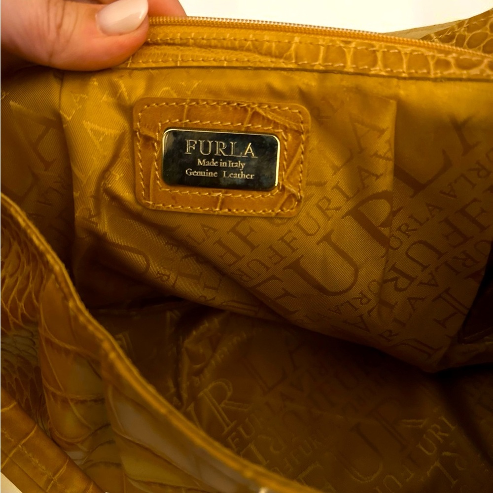 Furla cognac crocodile embossed large leather baguette - Picture 12 of 16